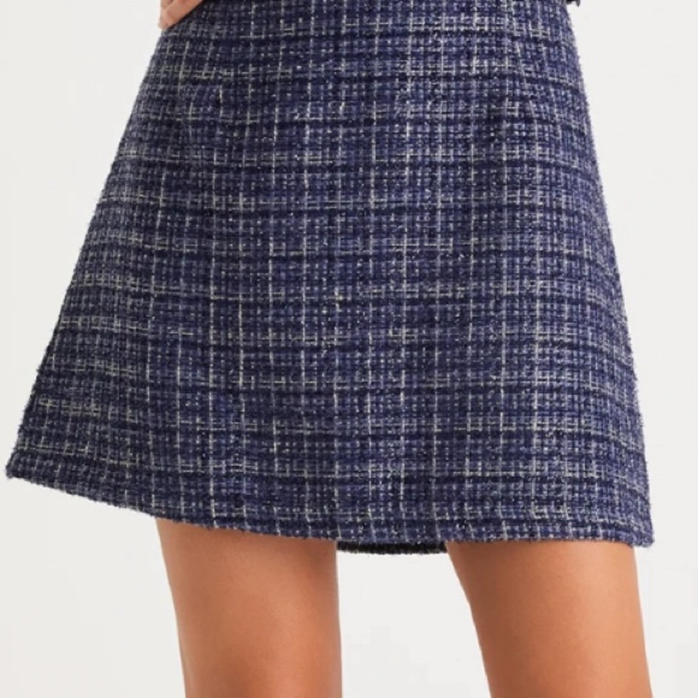🆕 Lulu’s Executive Aesthetic Shiny Navy Blue Pearl Tweed Skirt